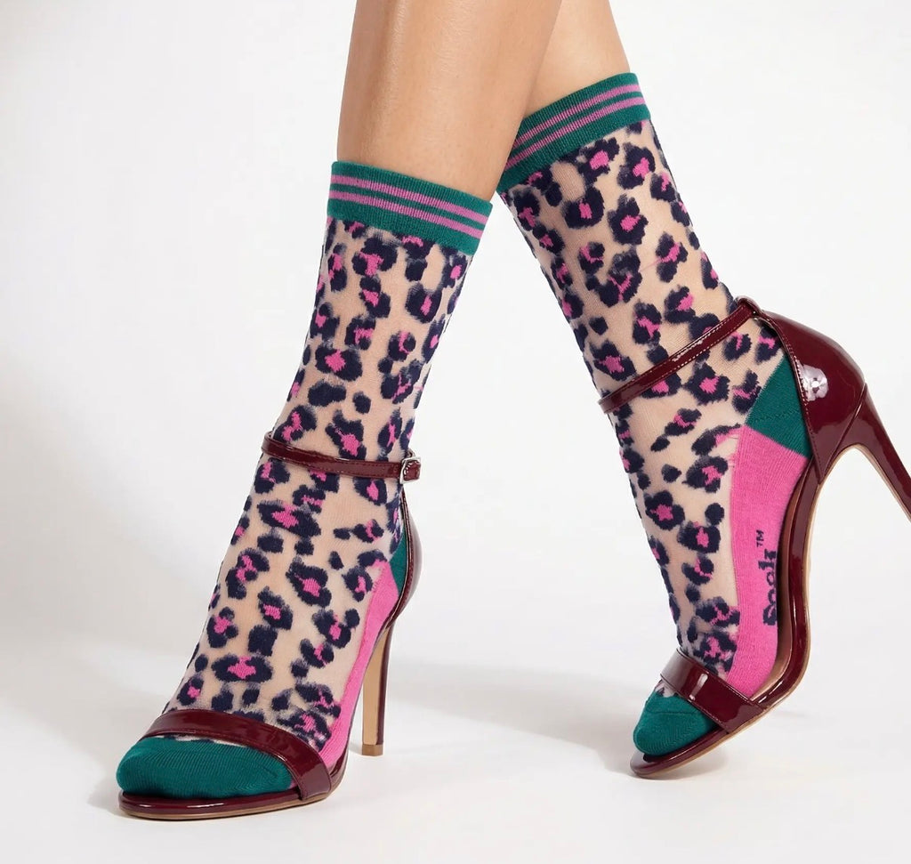 Leopard Print Combed Cotton Socks, Pop Socks in Green/Pink