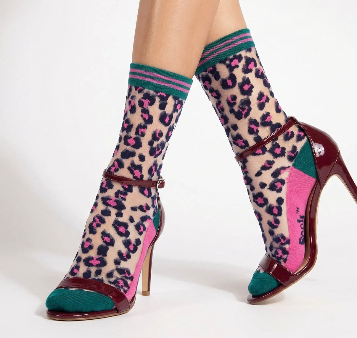 Leopard Print Combed Cotton Socks, Pop Socks in Green/Pink