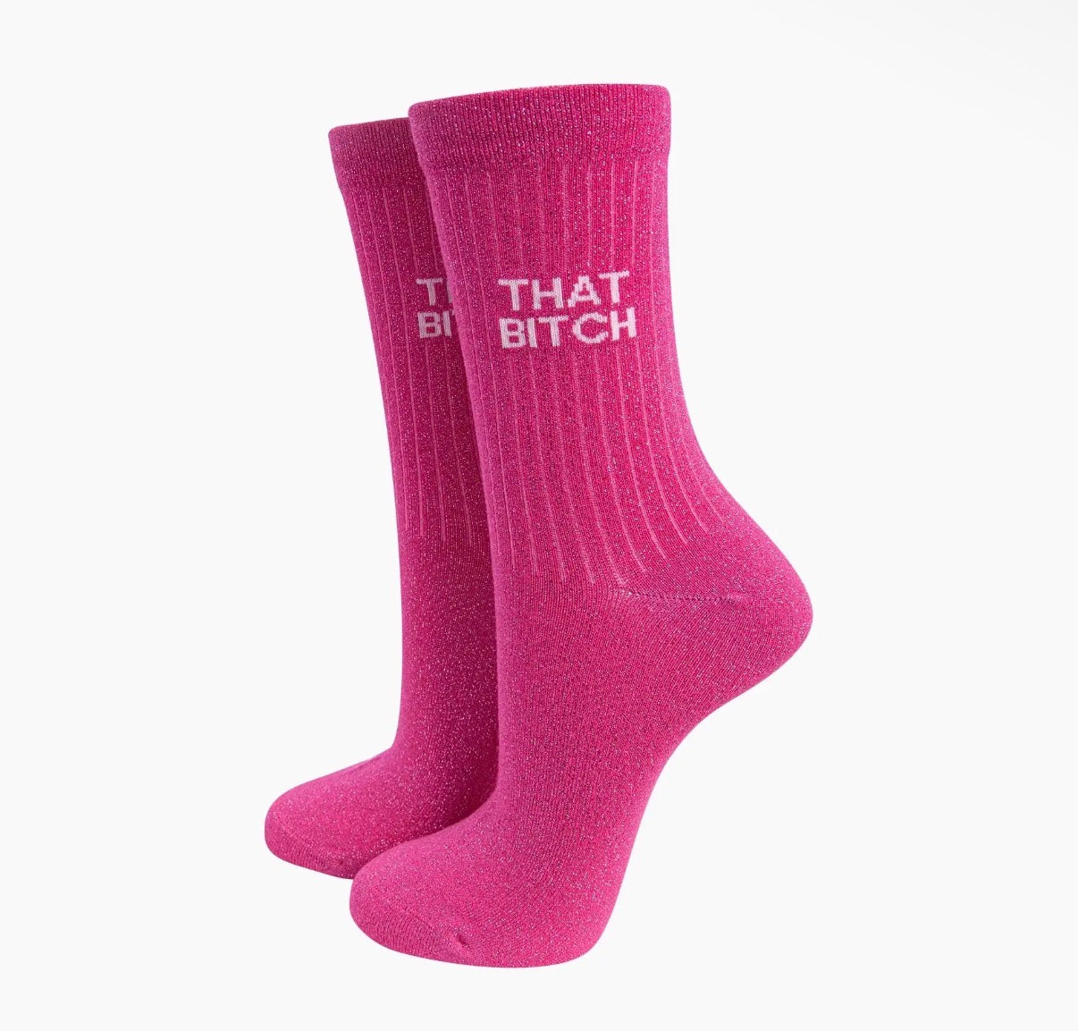 That Bitch Combed Cotton Glitter Socks in Hot Pink