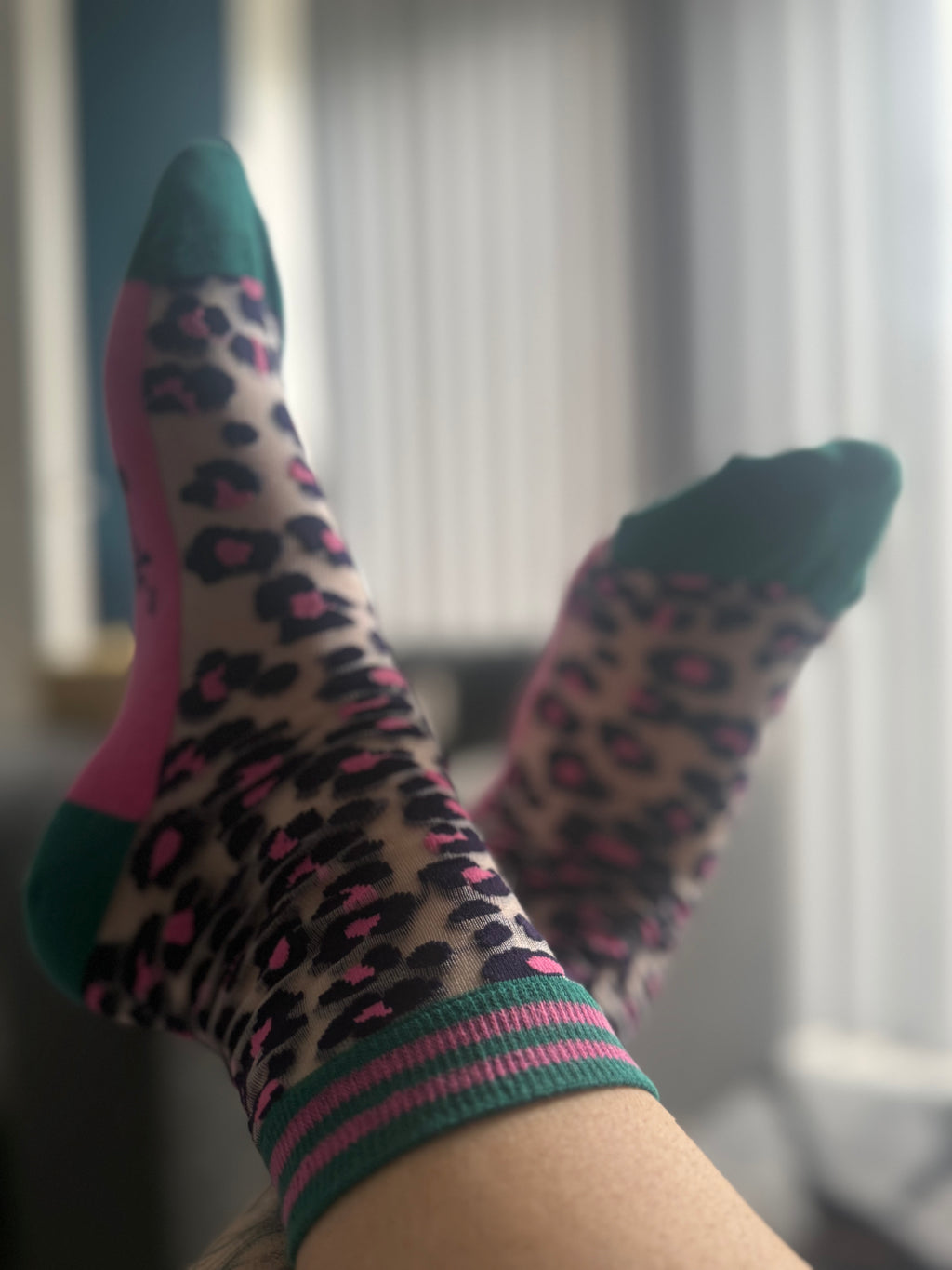 Leopard Print Combed Cotton Socks, Pop Socks in Green/Pink