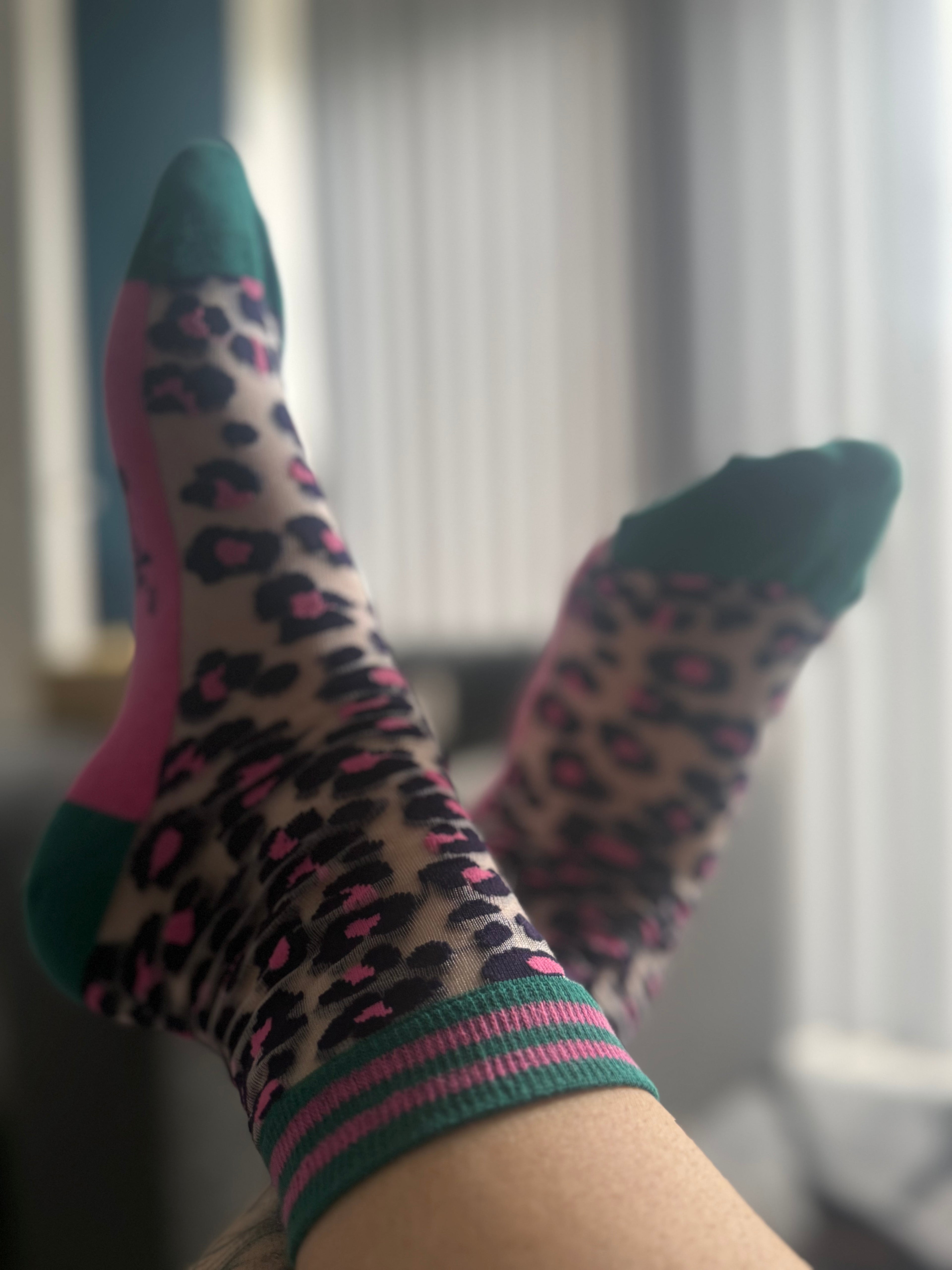 Leopard Print Combed Cotton Socks, Pop Socks in Green/Pink