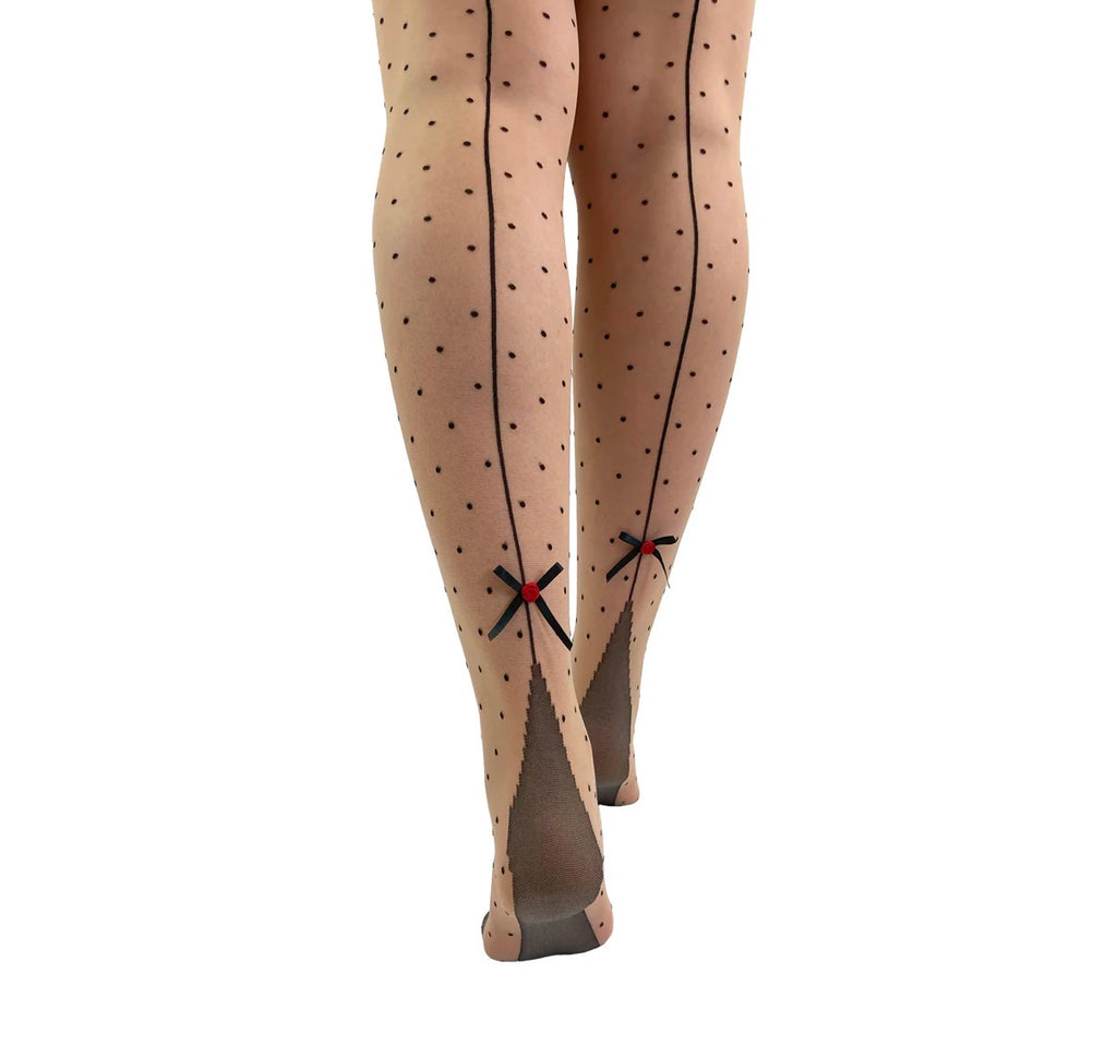 Premium Dotty Seamed Tight With Black Bow & Red Rose
